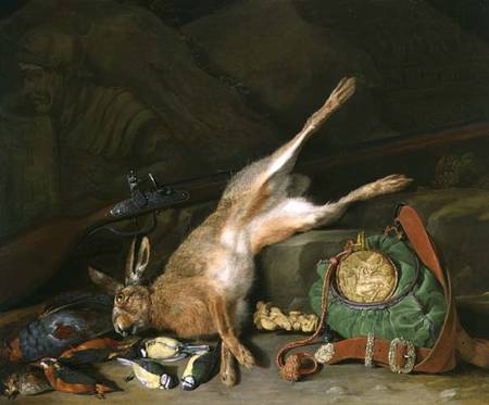 A Still life of a Hare with Hunting Equipment and a Musket from Hieronymus the Elder Galle
