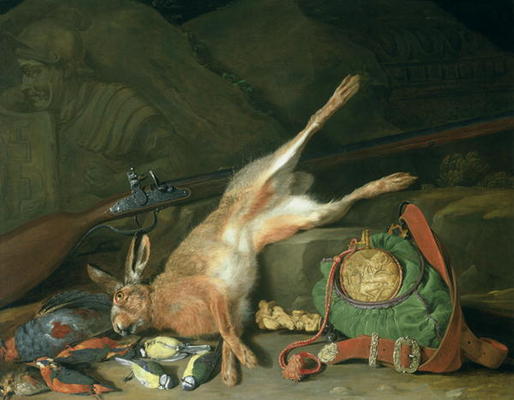 Still Life of a Hare with Hunting Equipment (oil on canvas) (for pair see 93439) from Hieronymus the Elder Galle