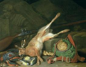 Still Life of a Hare with Hunting Equipment (oil on canvas) (for pair see 93439)