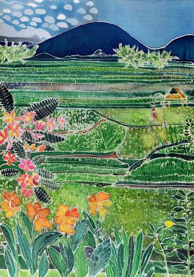 Lovina Ricefields with Lilies and Frangipani, Bali, 1996 (coloured inks on silk)  from Hilary  Simon