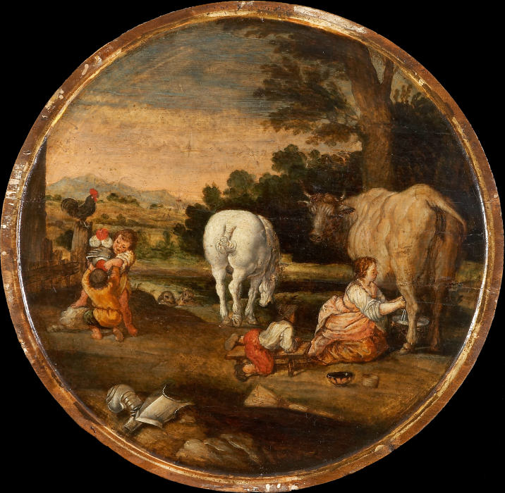 Country Scene with Milkmaid and Children Playing with Armour: March and April from Holländischer Meister um 1620