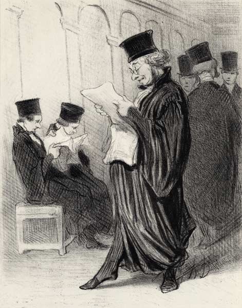 Lawyer Chabotard while reading in a legal journal a eulogy on himself...  (From the series "Les gens from Honoré Daumier