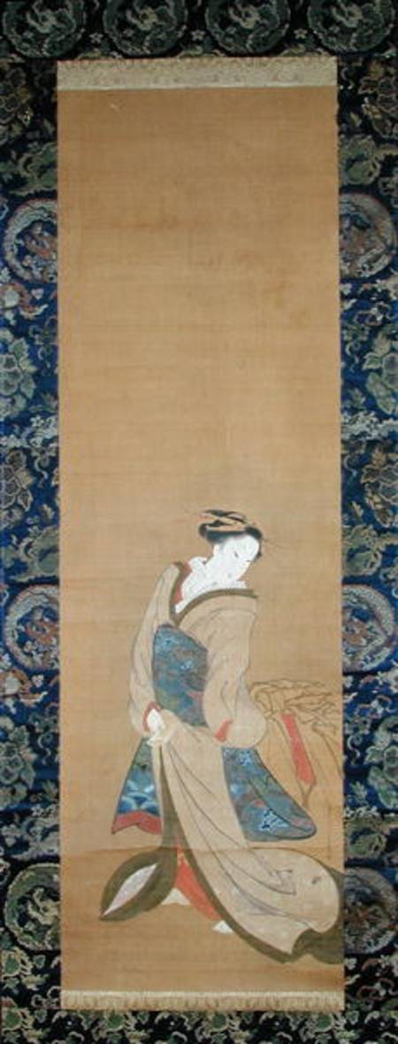 An Elegant Woman in a Blue Obi (pen & ink on silk) from Hotei Gosei