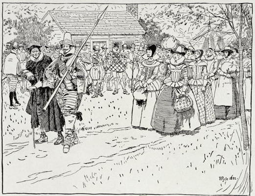 The Arrival of the Young Women at Jamestown, 1621, from Harper's Magazine, 1883 (engraving) from Howard Pyle