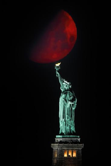 Statue of Liberty and Moonset