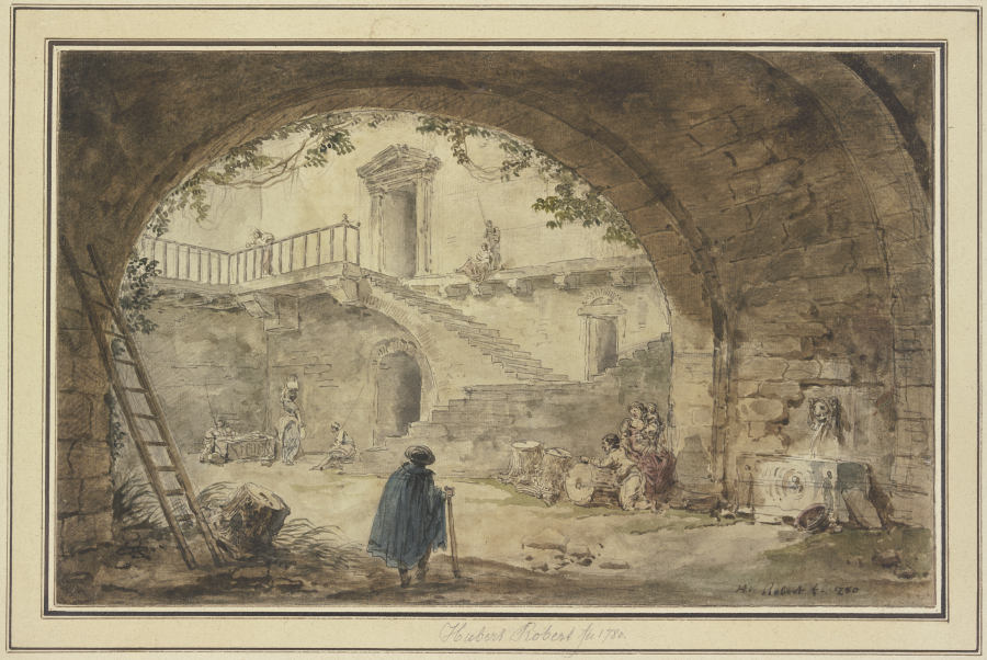 Gewölbe mit antikem Brunnen und Aussicht auf eine Treppe from Hubert Robert