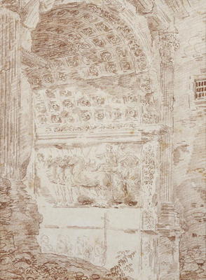 The Triumph of Rome, arc of Titus (red chalk on paper) 88;Le triomphe de Rome; char; arc; from Hubert Robert