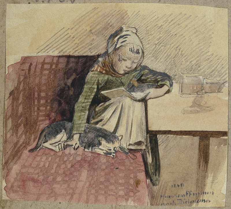 Lesendes Kind mit Katze auf der Bank from Hugo Kauffmann