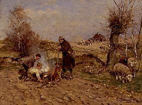 Sheep shepherd at the fire