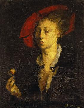 Lady with a red cap and pink