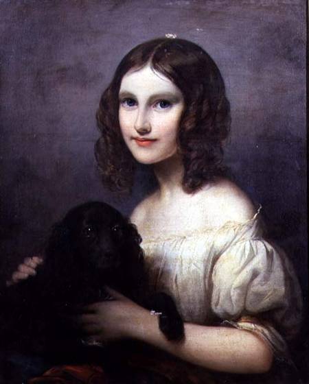 Portrait of a young girl with her pet dog from Hugues Merle
