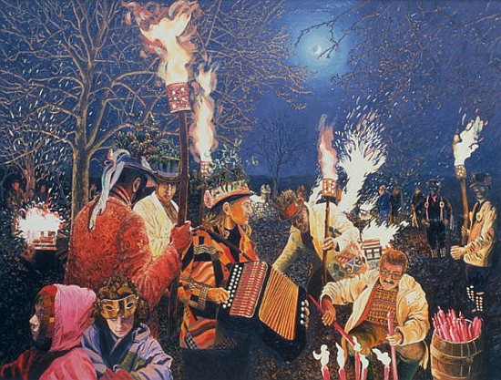 Wassailing in Herefordshire, 1995 (oil on board)  from Huw S.  Parsons