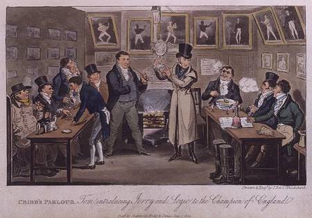 Cribb's Parlour: Tom introducing Jerry and Logic to the Champion of England, from 'Life in London' b from I. Robert & George Cruikshank