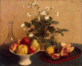 Flowers, dish with fruit and carafe