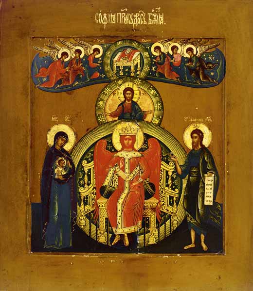 Die heilige Sophia, die göttliche Weisheit auf einem Thron mit ausgestreckten Flügeln, segnend und e from Ikone (russisch)