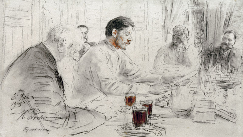 The author Maxim Gorky reads his poem "Children of the sun" from Ilja Efimowitsch Repin