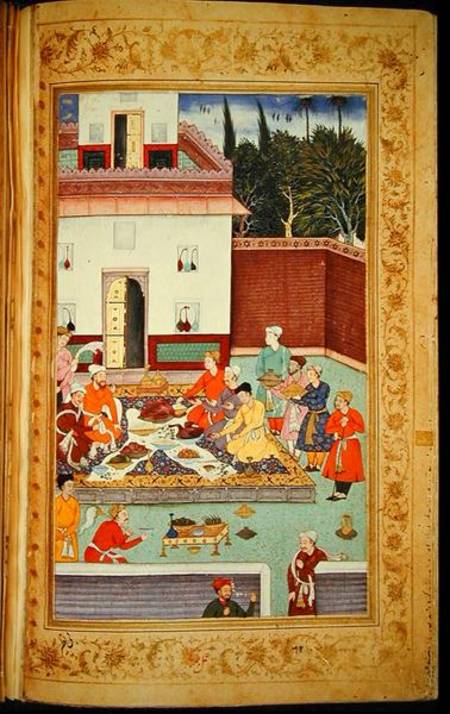 OR 3714 f.260v Mughal Emperor Feasting in a Courtyard, from the Baburnama of Dhanraj from Indian School