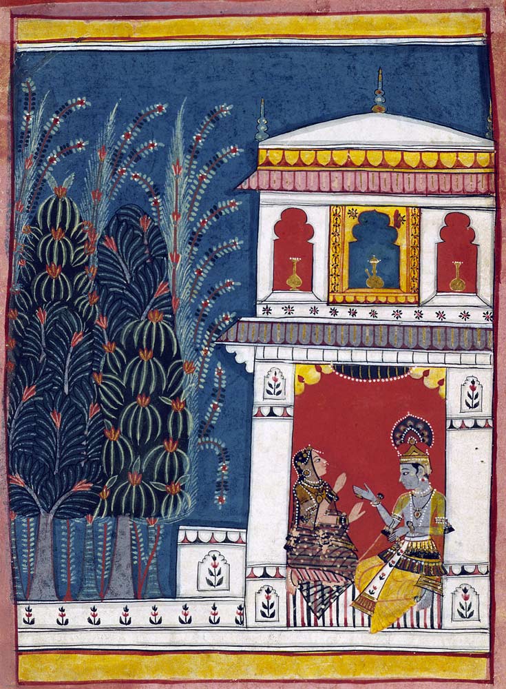 Krishna and a lady in a pavilion from Indian School