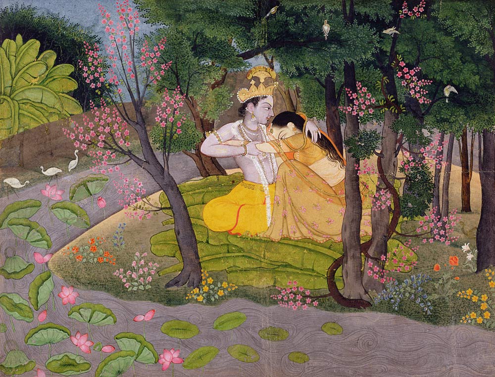 Radha and Krishna embrace in a grove of flowering trees from Indian School