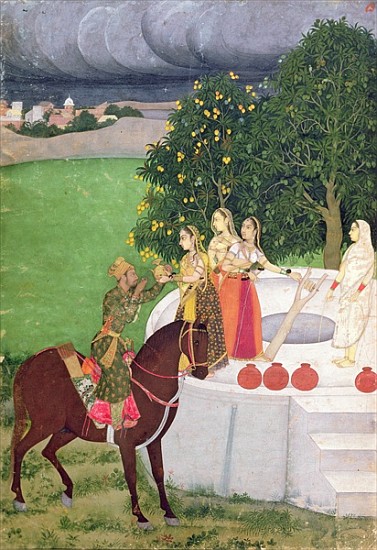 A Prince begging water from women at a well, Mughal, c.1720 from Indian School