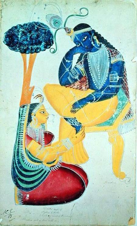The God Krishna with his mortal love, Radha  on from Indian School