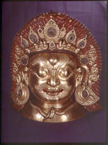 Head of Bhairava, embossed copper, painted and gilded, probably Nepalese from Indian School