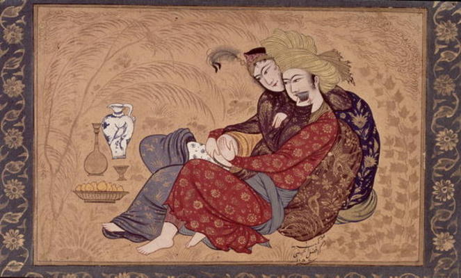 Lovers embracing and drinking wine, from the large Clive Album, Mughal from Indian School