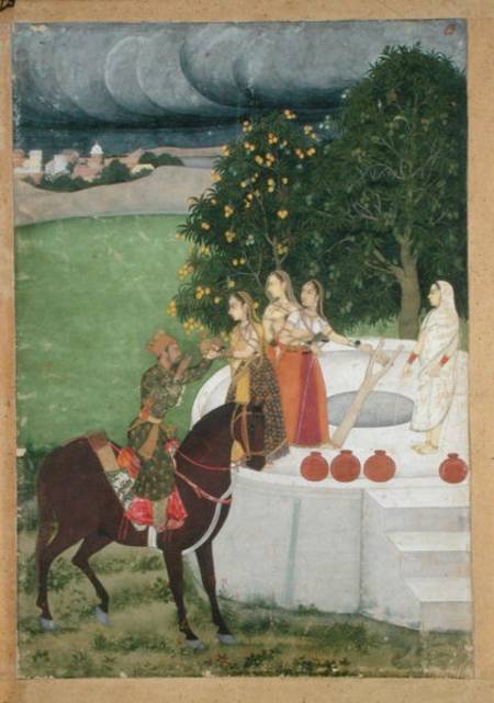 A mounted Prince receiving water from ladies at a well, miniature from Murshidabad from Indian School