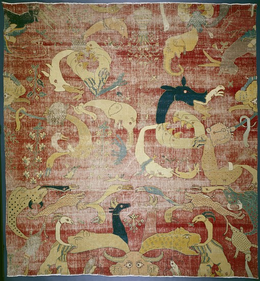 Portion of a carpet with fantastic animals on red ground, Mughal from Indian School