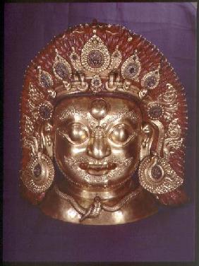 Head of Bhairava, embossed copper, painted and gilded, probably Nepalese