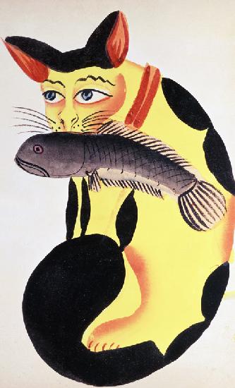 A cat with a fish in its mouth, from the Rudyard Kipling collection, Calcutta, c.1890 (w/c on paper)