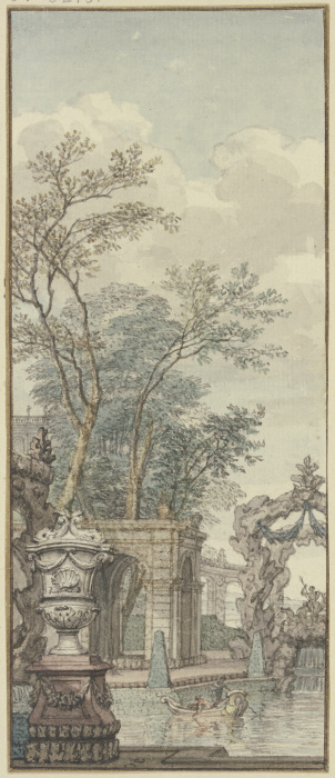 Panneau, Parkansicht mit Wasserwerken und künstlichem Felsen from Isaac de Moucheron