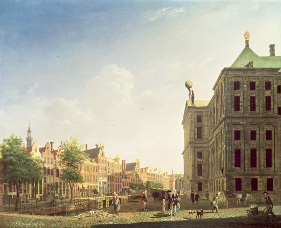 A View along the Nieuwezijds Voorburgwal in Amsterdam showing the back of the Royal Palace from Isaak Ouwater