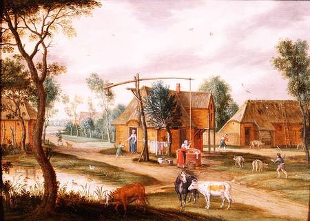 A village landscape with a woman drawing water from a well (panel) from Isaak van Oosten