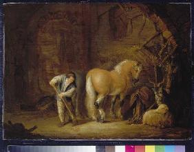 Stableview with menial, horse, sheep and billy goat