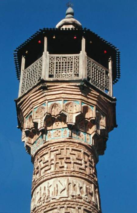 Elaborate brickwork at the top of the Semnan Minaret from Islamic School