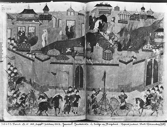 Ms Suppl Persan 1113 f.180-181 Mongols under the leadership of Hulagu Khan storming and capturing Ba from Islamic School