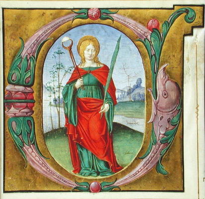 Historiated initial 'G' depicting St. Agatha (vellum) from Italian pictural school