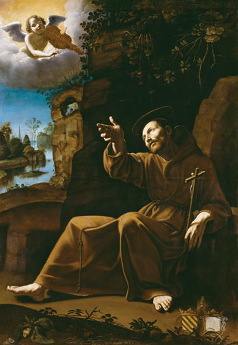 St. Francis of Assisi Consoled by an Angel Musician from Italian pictural school