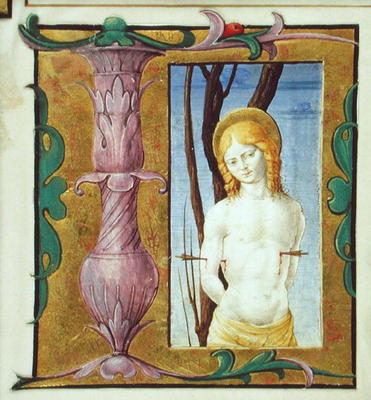 Historiated initial 'L' depicting St. Sebastian (vellum) from Italian pictural school