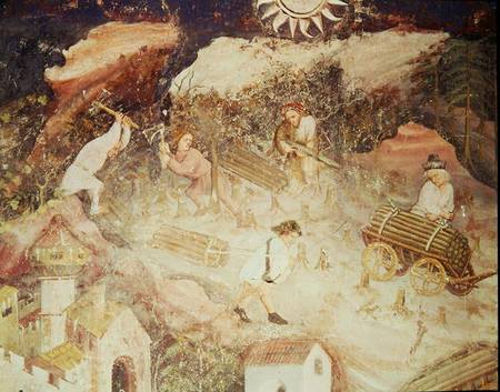 The Month of December, detail of men cutting down trees from Italian pictural school