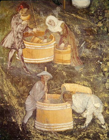 The Month of October, detail of grape-pickers and vats from Italian pictural school