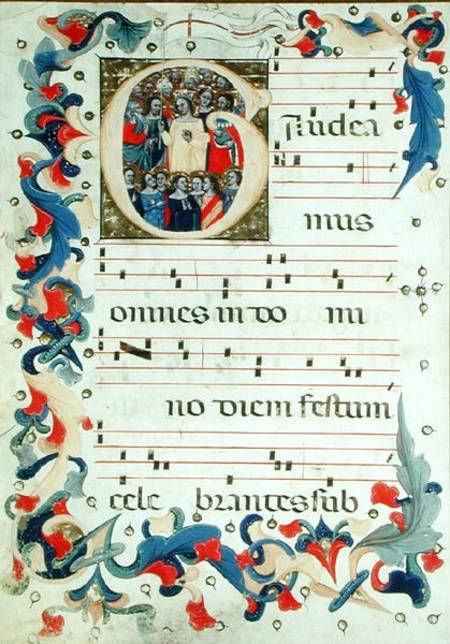 Page of musical notation with a historiated initial 'G' depicting a group of saints with St. Ursula from Italian pictural school