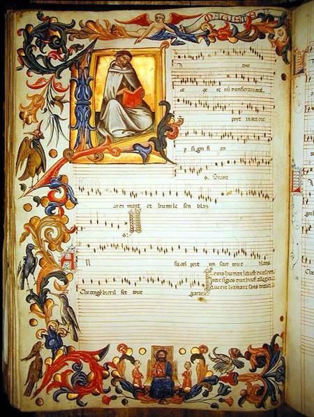 Page of musical notation with a historiated initial, produced at the Florentine monastery of S. Mari from Italian pictural school