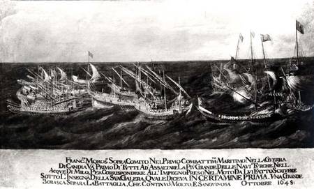 A Sea Battle between the Venetian Fleet under General Francesco Morosini (1618-94) against the Turks from Italian pictural school