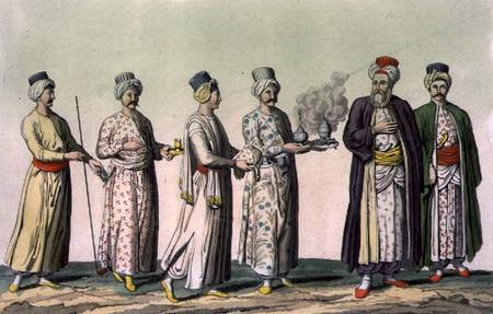 Servants carrying a pipe, a vase of sweets, coffee, a brazier and a jug of rosewater, plate 57 from from Italian pictural school