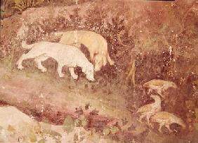 The Month of June, detail of dogs and partridges