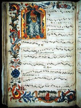 Page of musical notation with historiated initial, produced at the Florentine monastery of S. Maria