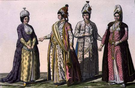 Three women in (LtoR) winter, spring and summer fashions and one in fashion for pregnancy, plate 59 from Italian pictural school