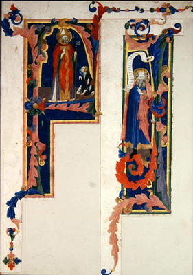 Historiated initial 'F' depicting a bishop saint blessing a young cripple and 'I' depicting a prophe from Italian School, (14th century)
